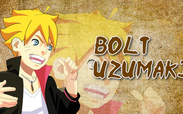 This HD desktop wallpaper features Boruto Uzumaki from the anime Boruto, showcasing a vibrant and lively depiction of the character against a textured background.