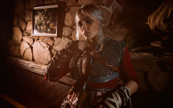 Ciri from The Witcher portrays a confident woman in detailed cosplay, illuminated against a rustic background, captured in stunning 4K Ultra HD resolution.
