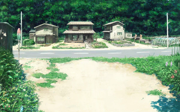 HD anime desktop wallpaper featuring original artwork of a peaceful rural street lined with traditional houses and lush greenery in the background.