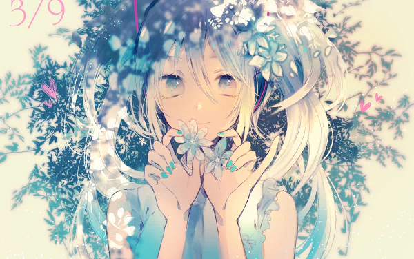 A HD desktop wallpaper featuring Hatsune Miku with aqua hair and eyes, styled in twintails, holding a flower. The background is a blend of floral designs, enhancing the anime and Vocaloid aesthetic.