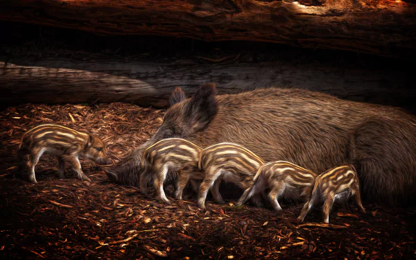 HD desktop wallpaper of a baby boar and four striped piglets nestled on forest floor, showcasing the natural bond within a boar family in a woodland setting.