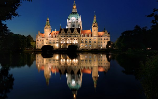 Man Made New Town Hall Buildings Reflection Germany Light Lake Night Hanover Building HD Wallpaper | Background Image