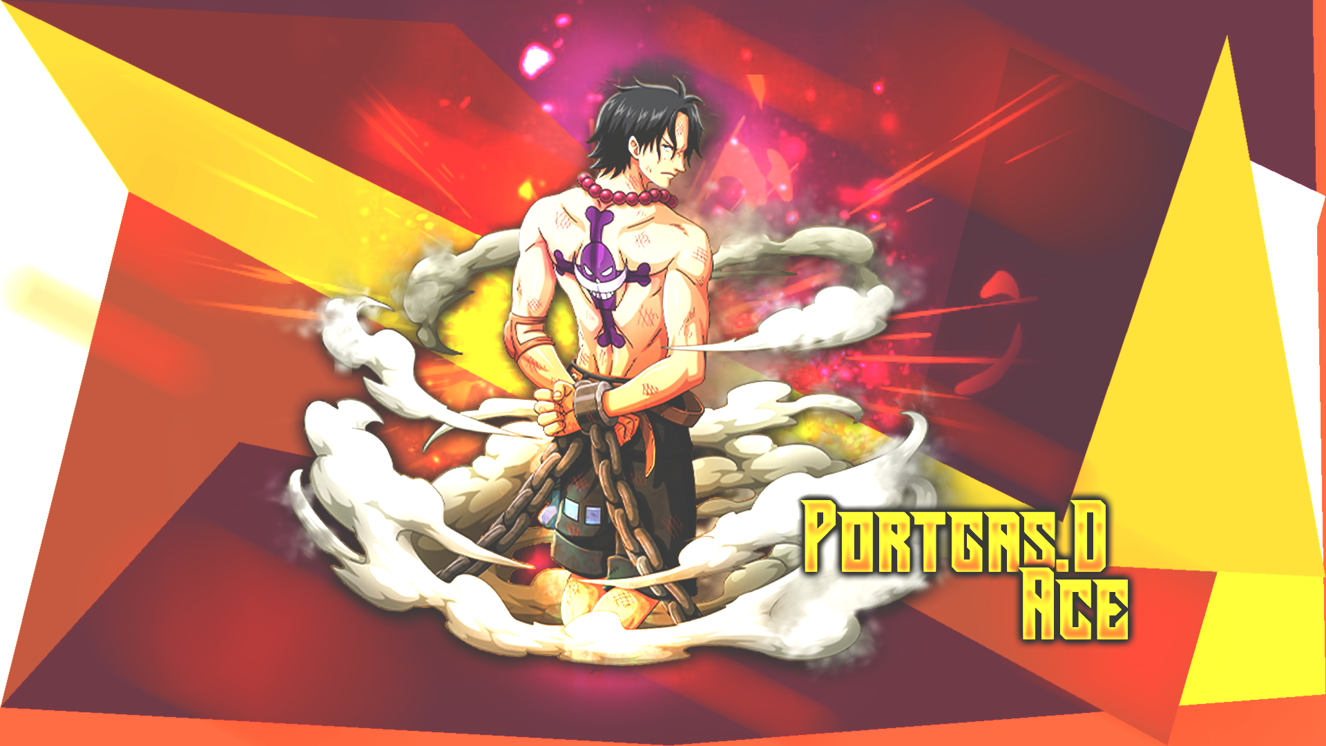 HD PC desktop wallpaper featuring Portgas D. Ace from the anime One Piece, surrounded by flames and smoke with vibrant red and yellow tones.