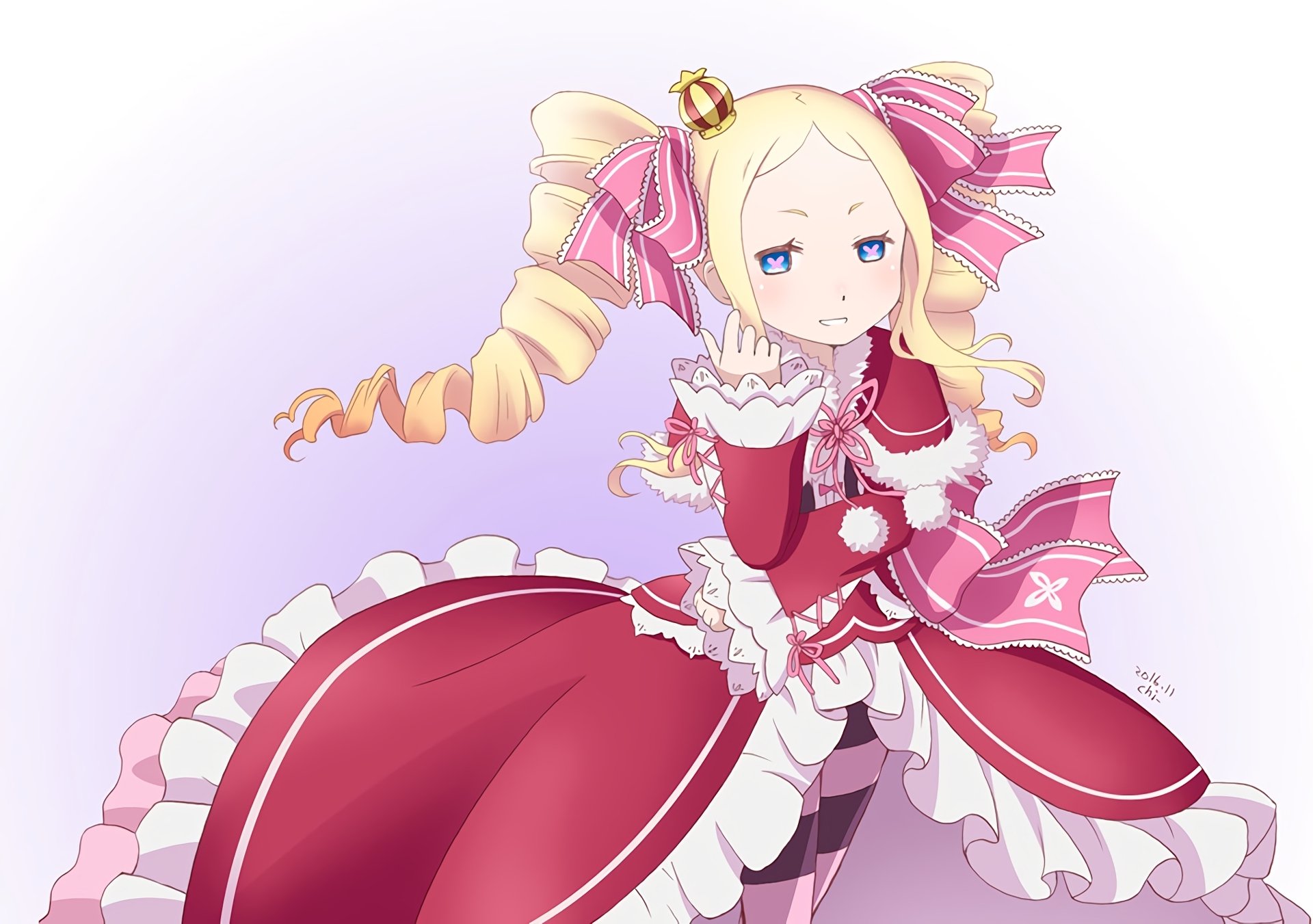 HD PC desktop wallpaper featuring Beatrice from the anime Re:Zero - Starting Life in Another World, dressed in her distinctive pink and white frilly outfit.