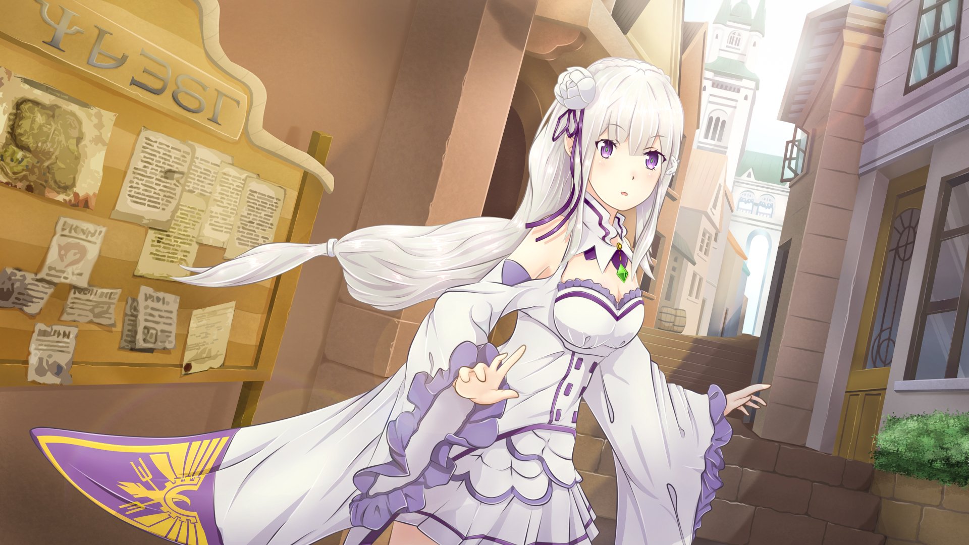 Emilia from Re:ZERO features long white hair and striking purple eyes, set against a charming street scene, captured in this HD anime wallpaper.