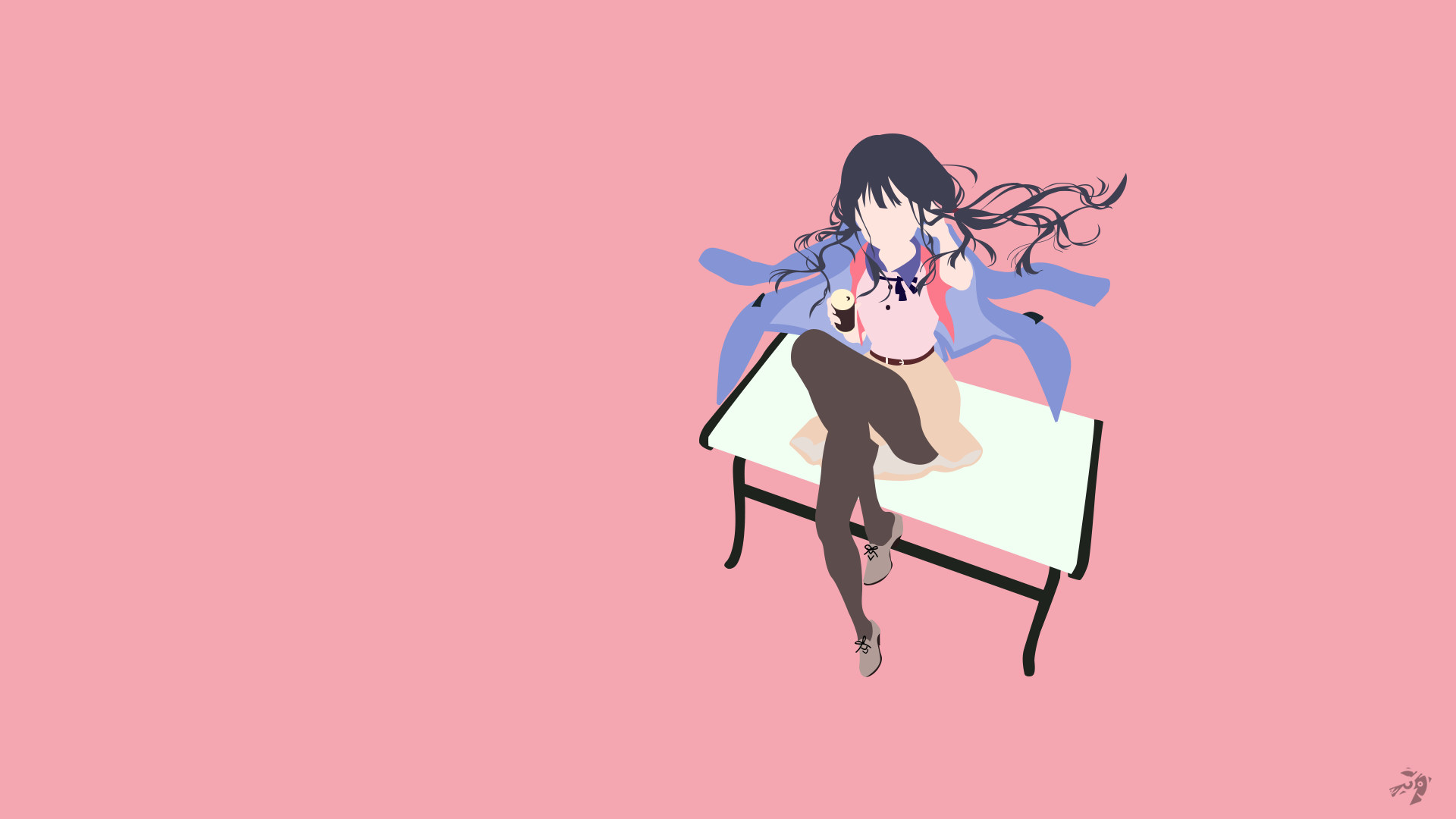 HD desktop wallpaper featuring Aki Adagaki from the anime Masamune-kun's Revenge, depicted sitting on a table against a solid pink background.
