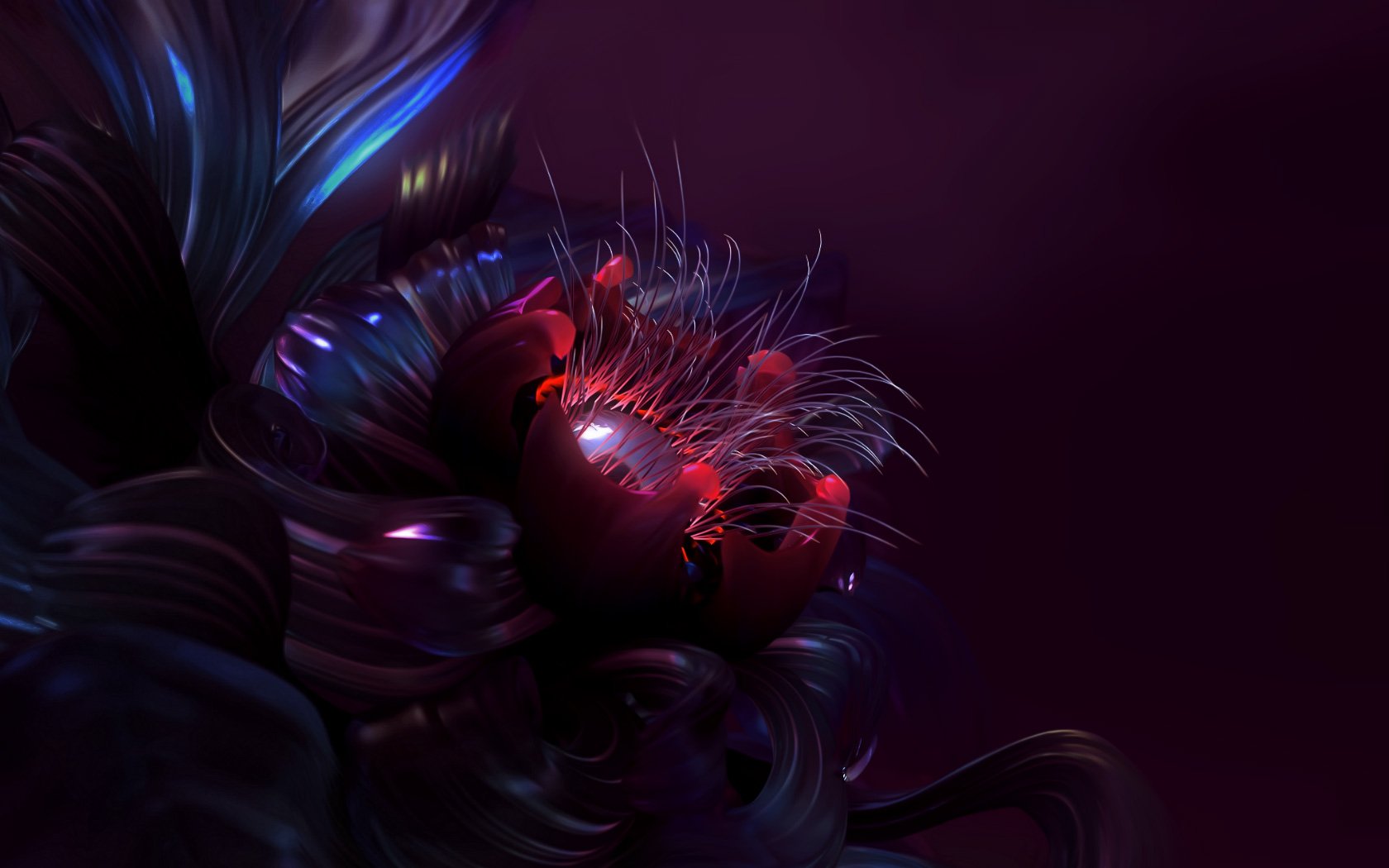Artistic digital art showcasing a glowing, abstract flower with intricate textures and vibrant red and purple lighting, designed as an HD PC desktop wallpaper.