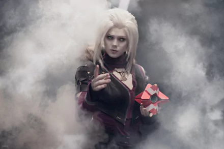 4K Ultra HD PC wallpaper of a woman in Destiny video game cosplay, surrounded by smoke, holding a red and white ghost device with an intense gaze.