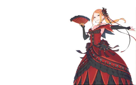 Anime-style illustration of Priscilla Barielle from Re:Zero, wearing an elaborate red and black gown, holding a fan, designed as a 4K Ultra HD PC desktop wallpaper.