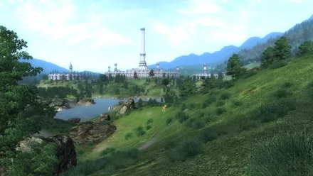 A lush, green landscape with rolling hills, a lake, and a distant city dominated by a tall tower, rendered in high-definition from The Elder Scrolls IV: Oblivion video game.