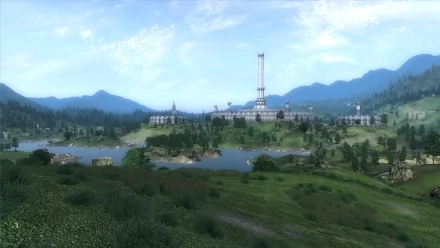 A stunning HD wallpaper from The Elder Scrolls IV: Oblivion, showcasing a lush landscape with mountains, a lake, and an impressive fortress under a clear blue sky.