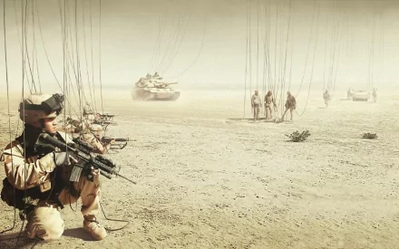 A United States Army soldier crouches with a rifle in a desert landscape, surrounded by military personnel and vehicles, depicted in high-definition detail.