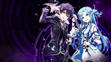 HD PC desktop wallpaper featuring anime characters Kirito and Asuna from Sword Art Online II in a dynamic, glowing purple and blue setting.