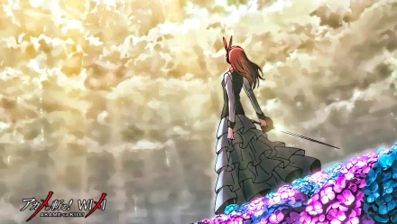 HD desktop wallpaper featuring Chelsea from Akame ga Kill!, standing amidst vibrant flowers and looking towards a dramatic sky.