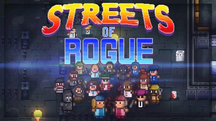 HD desktop wallpaper featuring pixel-art characters from the game Streets of Rogue, with the game's title prominently displayed above.