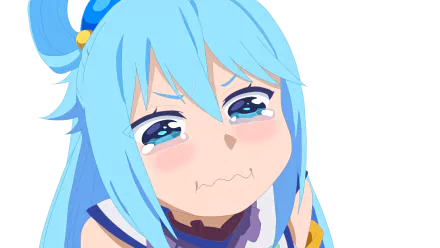 HD desktop wallpaper of Aqua from KonoSuba, featuring her blue hair, blue eyes, and tears streaming down her face. The anime is KonoSuba: God’s Blessing on This Wonderful World!!