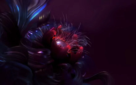 Artistic digital art showcasing a glowing, abstract flower with intricate textures and vibrant red and purple lighting, designed as an HD PC desktop wallpaper.
