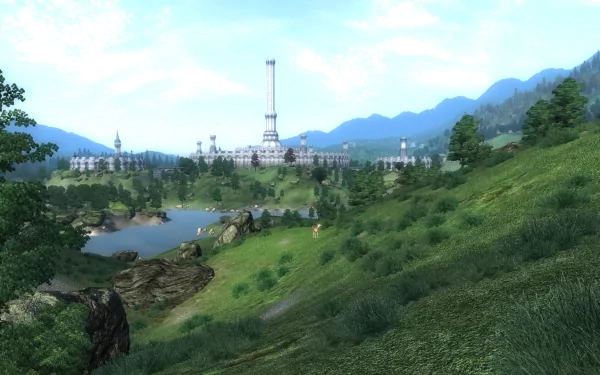 A lush, green landscape with rolling hills, a lake, and a distant city dominated by a tall tower, rendered in high-definition from The Elder Scrolls IV: Oblivion video game.
