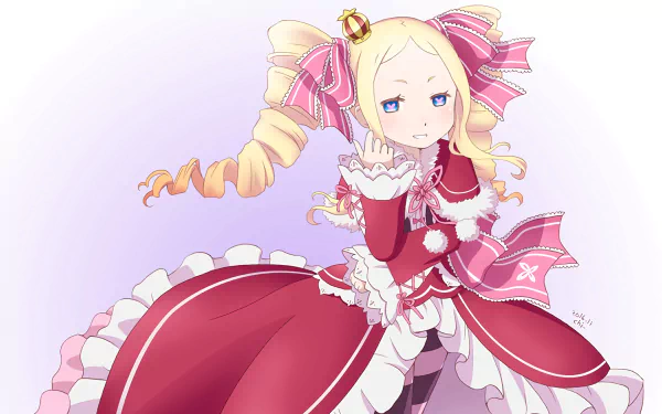 HD PC desktop wallpaper featuring Beatrice from the anime Re:Zero - Starting Life in Another World, dressed in her distinctive pink and white frilly outfit.