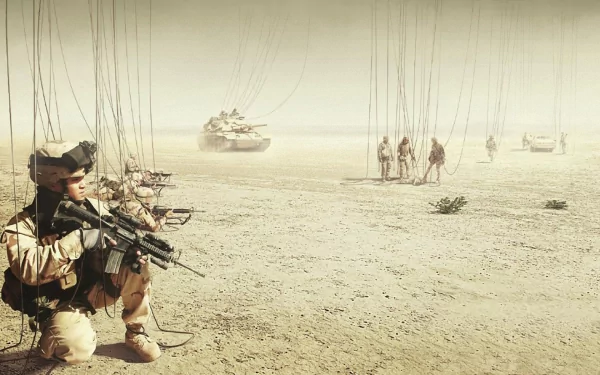 A United States Army soldier crouches with a rifle in a desert landscape, surrounded by military personnel and vehicles, depicted in high-definition detail.