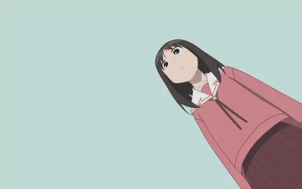 Low-angle anime portrait of a girl from Azumanga Daioh in a pink school uniform against a pale teal sky — HD PC desktop wallpaper/background.