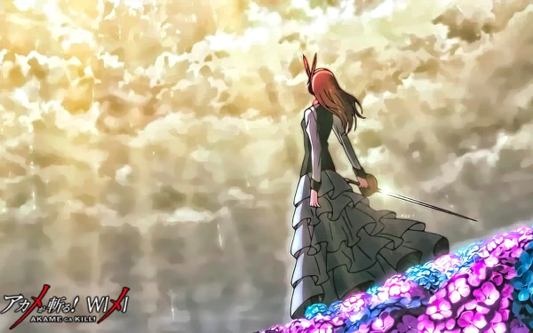 HD desktop wallpaper featuring Chelsea from Akame ga Kill!, standing amidst vibrant flowers and looking towards a dramatic sky.