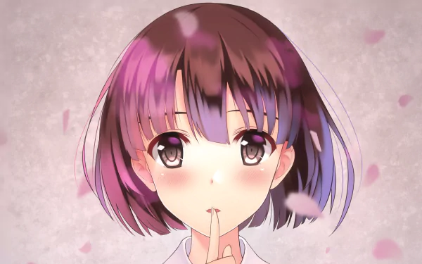 HD anime wallpaper of Hanabi Yasuraoka from Kuzu no Honkai, featuring her with short purple hair and a gentle expression, surrounded by soft pink petals.