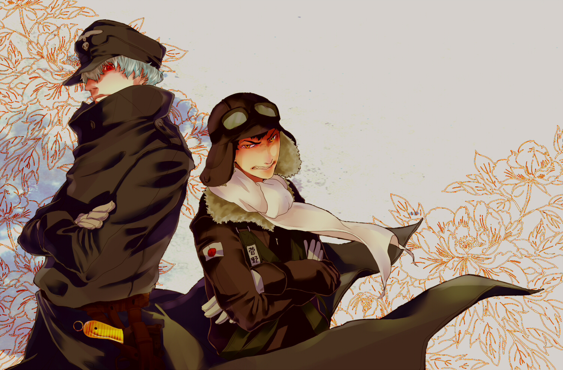 Anime Drifters HD PC desktop wallpaper: two cloaked soldiers in winter flight gear and scarves stand back-to-back against a pale, floral background.