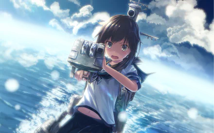 HD PC wallpaper: Fubuki (Kantai Collection), anime girl in a sailor uniform with ship rigging and a small naval gun, smiling as sunlight glints off the ocean beneath a dramatic cloudy sky.