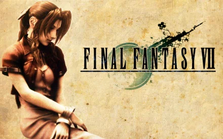 A serene image of Aerith Gainsborough from Final Fantasy VII, featuring her in a contemplative pose against a textured background. A graphical title enhances the video game atmosphere.