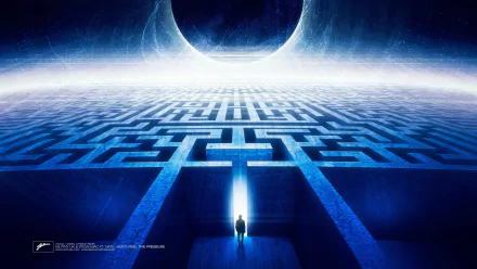 HD PC desktop wallpaper featuring a glowing maze under a large celestial body, blending themes of music and Axtone in a surreal, futuristic landscape.