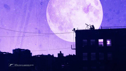 2K Quad HD wallpaper: purple night sky with a giant moon over a silhouetted city rooftop and a person at a telescope; subtle music/Axtone branding.