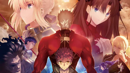 HD wallpaper featuring characters from Fate/Stay Night: Unlimited Blade Works, displaying a vibrant and dynamic anime composition.