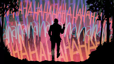 HD desktop wallpaper featuring a silhouette of the Joker amidst colorful HAHA text in vibrant sunset hues.