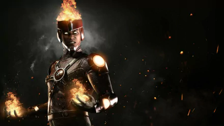HD desktop wallpaper featuring Firestorm from the video game Injustice 2, displaying the character engulfed in flames with a dark, smoky background.