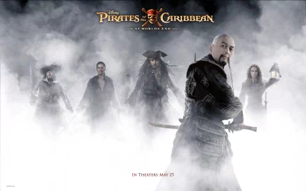 HD wallpaper featuring characters from Pirates of the Caribbean: At World's End, including Captain Sao Feng, Jack Sparrow, Will Turner, Hector Barbossa, and Elizabeth Swann.