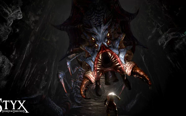 HD wallpaper of Styx: Shards of Darkness, featuring the protagonist dwarfed by a menacing, large creature in a dark setting.