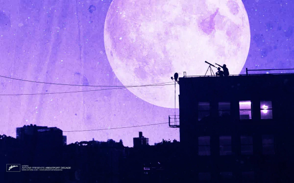 2K Quad HD wallpaper: purple night sky with a giant moon over a silhouetted city rooftop and a person at a telescope; subtle music/Axtone branding.