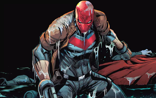 HD comic wallpaper featuring Red Hood, crouching in a dramatic pose with dripping rainwater on his suit and a red cape beside him, set against a dark background.