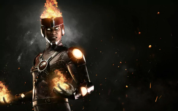 HD desktop wallpaper featuring Firestorm from the video game Injustice 2, displaying the character engulfed in flames with a dark, smoky background.