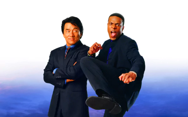 HD wallpaper featuring Chris Tucker and Jackie Chan in a promotional image for the movie Rush Hour 2.