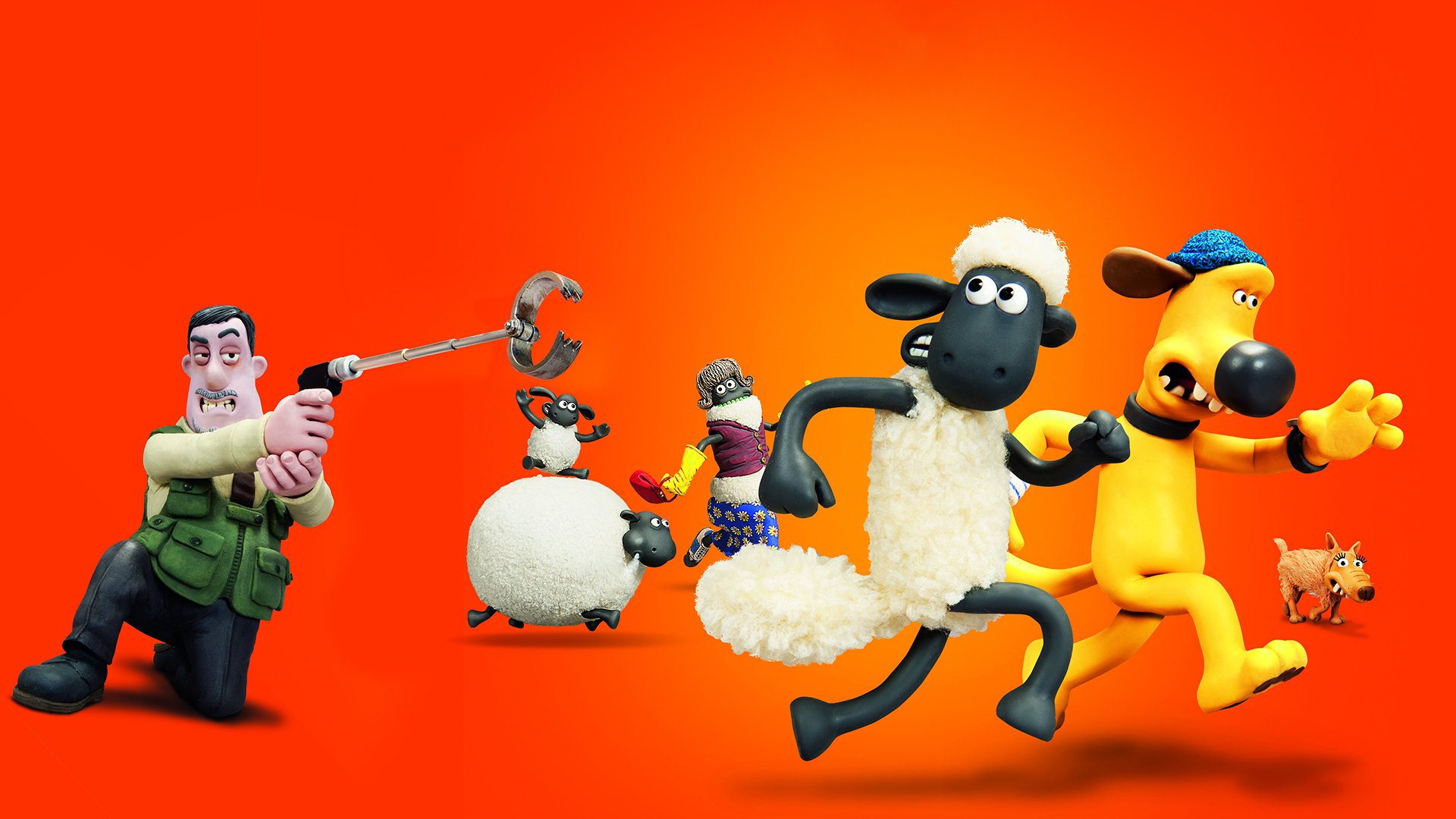HD PC desktop wallpaper/background from Shaun the Sheep Movie: Shaun, Bitzer, flock and a pursuer in a comic chase across a bright orange background.