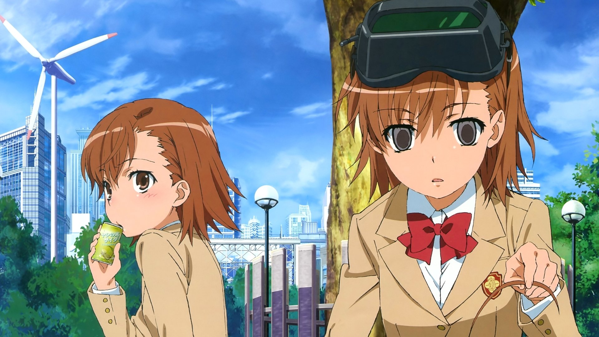 HD desktop wallpaper featuring Mikoto Misaka, an anime character from A Certain Scientific Railgun, in school uniform with short brown hair and brown eyes. She is depicted with her clone sister, set against an urban backdrop.
