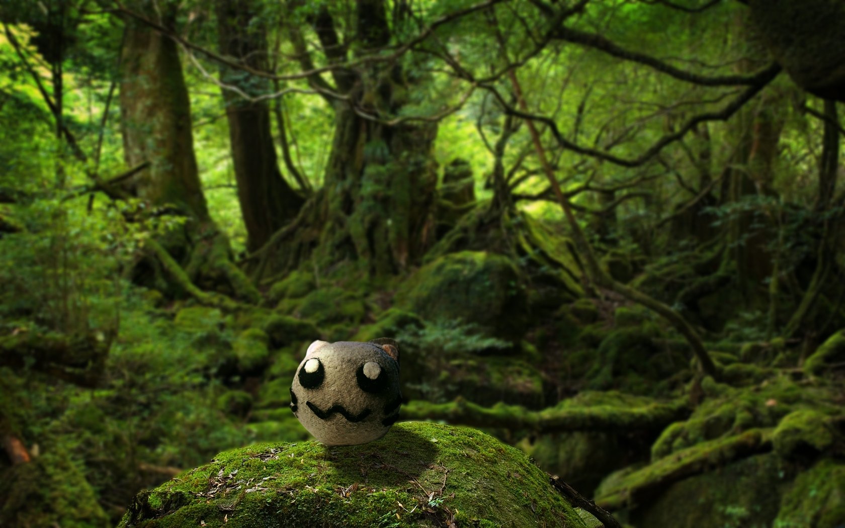 A whimsical character sits atop a moss-covered rock in a lush forest, surrounded by towering trees and vibrant greenery, creating a serene and enchanting atmosphere.