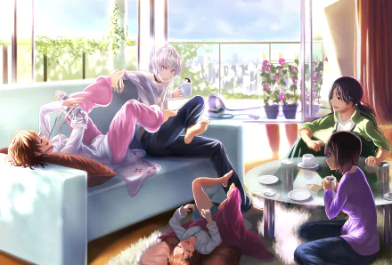 HD PC desktop wallpaper featuring Kikyou Yoshikawa, Aiho Yomikawa, Accelerator, and Last Order from the anime A Certain Magical Index in a bright, cozy living room scene.