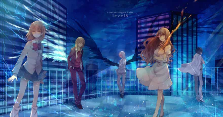 HD PC desktop wallpaper featuring Gunha Sogiita, Shizuri Mugino, Teitoku Kakine, Mikoto Misaka, and Accelerator from the anime A Certain Magical Index.