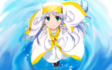 HD PC desktop wallpaper featuring Index Librorum Prohibitorum from the anime A Certain Magical Index, depicted in her white and yellow nun-like attire with a serene blue swirl background.