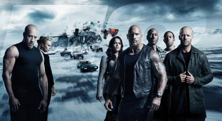 HD desktop wallpaper featuring Dominic Toretto, Letty Ortiz, Roman Pearce, Tej, Cipher, and Deckard Shaw from The Fate of the Furious with intense action and cars in the background.