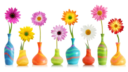 HD desktop wallpaper featuring an array of vibrant yellow and pink flowers in colorful, man-made vases.