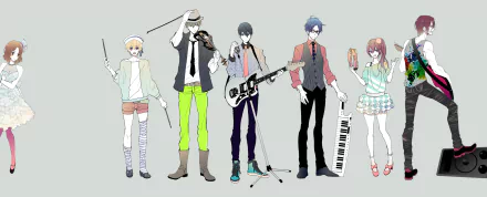 HD desktop wallpaper featuring Makoto Tachibana, Rei Ryūgazaki, Haruka Nanase, Rin Matsuoka, Gou Matsuoka, Nagisa Hazuki, and Miho Amakata from the anime Free! standing with musical instruments.